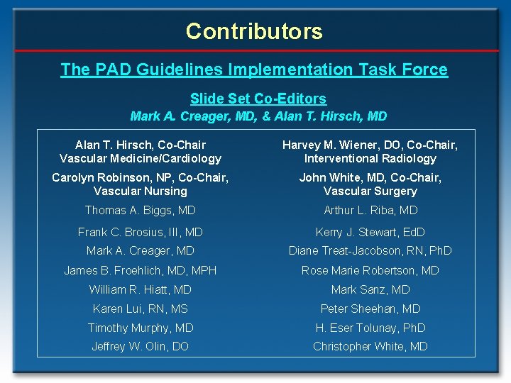 Contributors The PAD Guidelines Implementation Task Force Slide Set Co-Editors Mark A. Creager, MD,