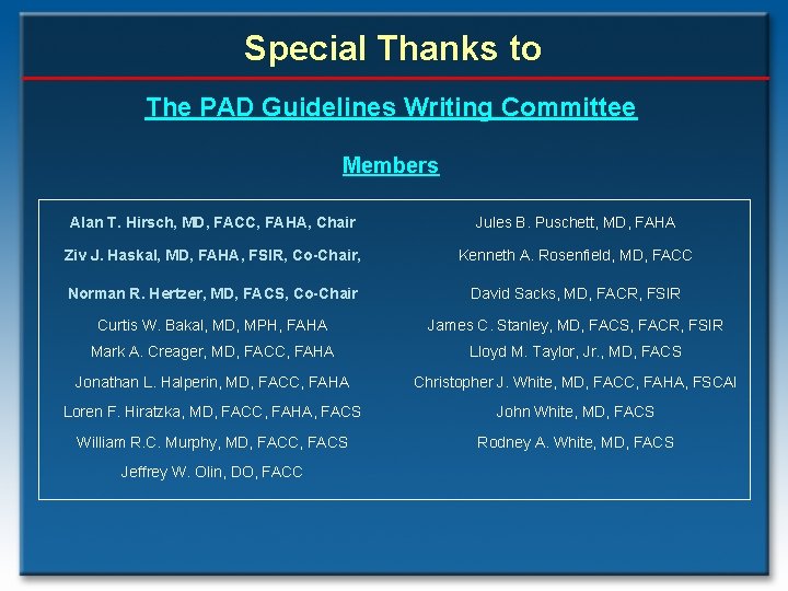 Special Thanks to The PAD Guidelines Writing Committee Members Alan T. Hirsch, MD, FACC,