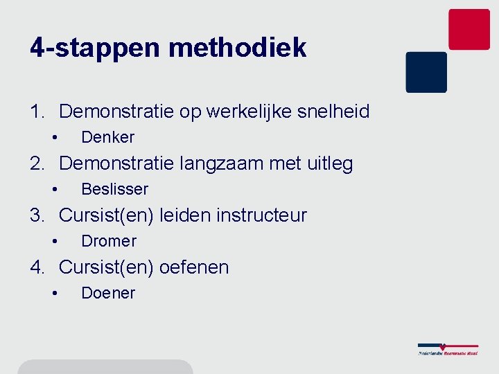 4 -stappen methodiek 1. Demonstratie op werkelijke snelheid • Denker 2. Demonstratie langzaam met