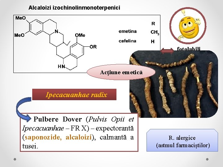 Alcaloizi izochinolinmonoterpenici fotolabili Acțiune emetică Ipecacuanhae radix Pulbere Dover (Pulvis Opii et Ipecacuanhae –