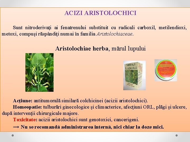 ACIZI ARISTOLOCHICI Sunt nitroderivaţi ai fenatrenului substituit cu radicali carboxil, metilendioxi, metoxi, compuşi răspândiţi