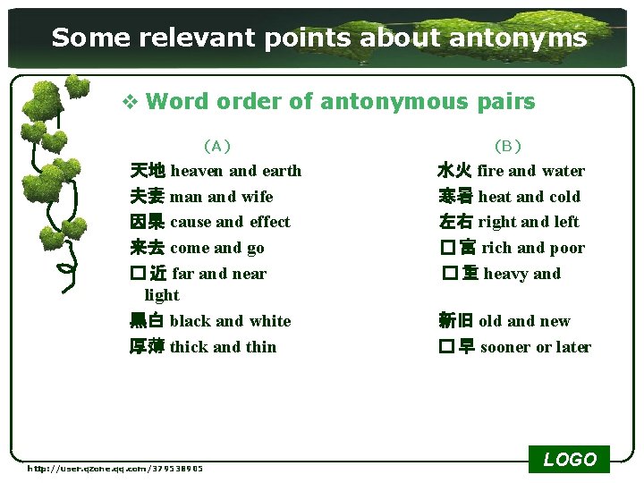 Some relevant points about antonyms v Word order of antonymous pairs (A) (B) 天地