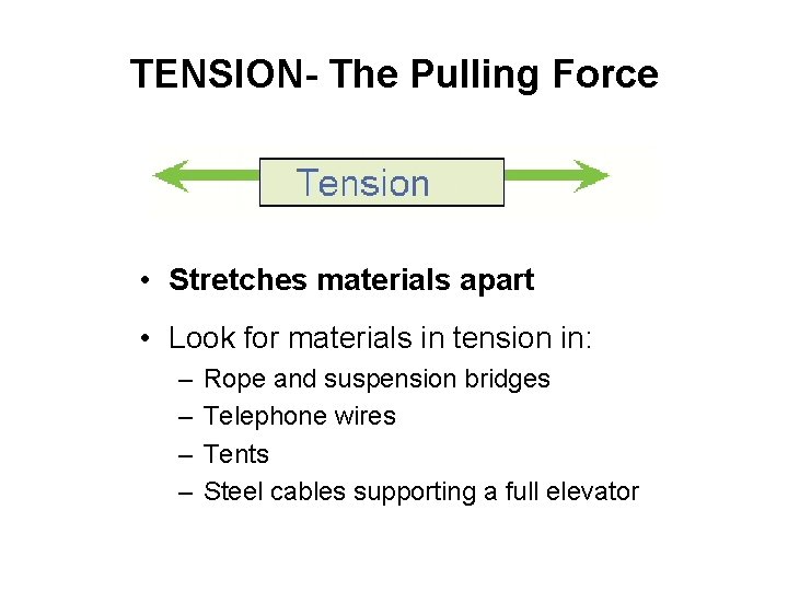 TENSION- The Pulling Force • Stretches materials apart • Look for materials in tension