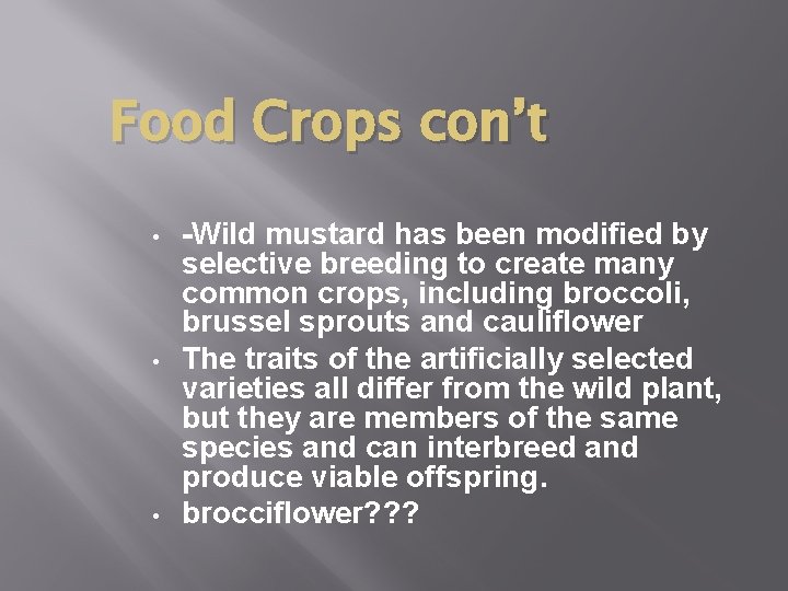 Food Crops con’t • • • -Wild mustard has been modified by selective breeding