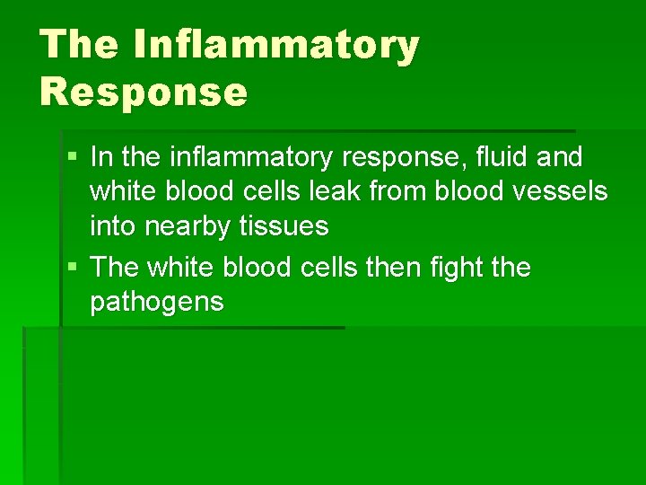 The Inflammatory Response § In the inflammatory response, fluid and white blood cells leak