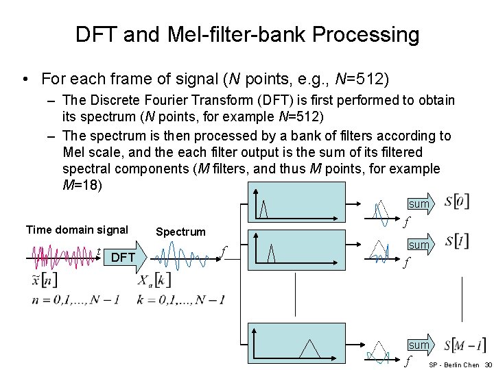 DFT and Mel-filter-bank Processing • For each frame of signal (N points, e. g.