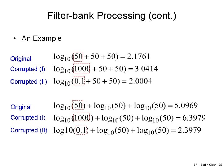 Filter-bank Processing (cont. ) • An Example Original Corrupted (I) Corrupted (II) SP -