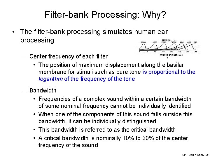 Filter-bank Processing: Why? • The filter-bank processing simulates human ear processing – Center frequency