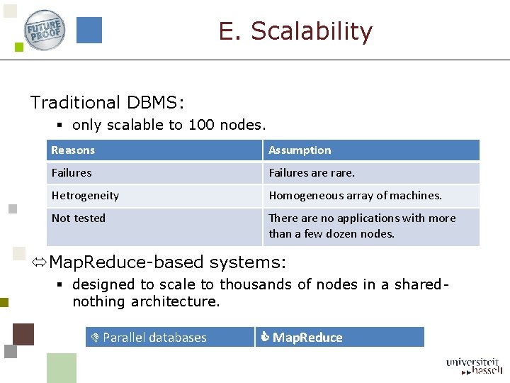 E. Scalability Traditional DBMS: § only scalable to 100 nodes. Reasons Assumption Failures are