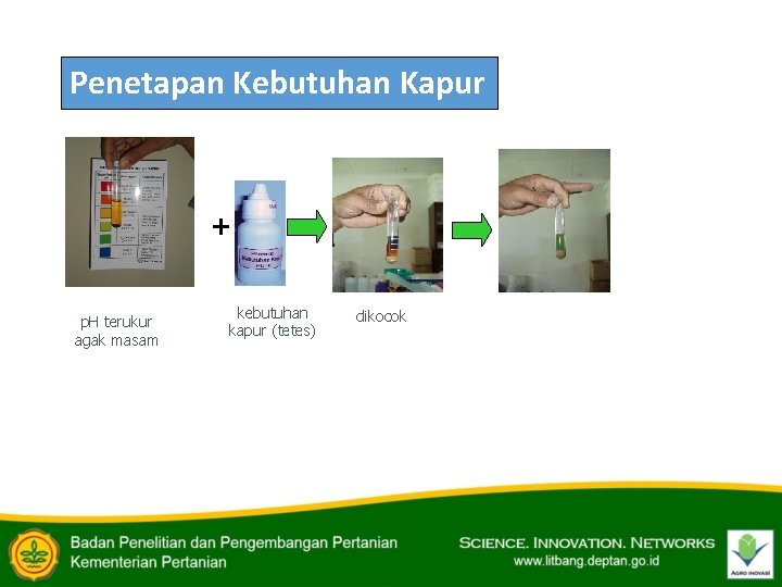 Penetapan Kebutuhan Kapur + p. H terukur agak masam kebutuhan kapur (tetes) dikocok 