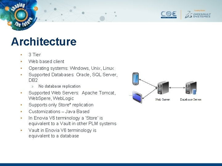 Architecture • • 3 Tier Web based client Operating systems: Windows, Unix, Linux Supported