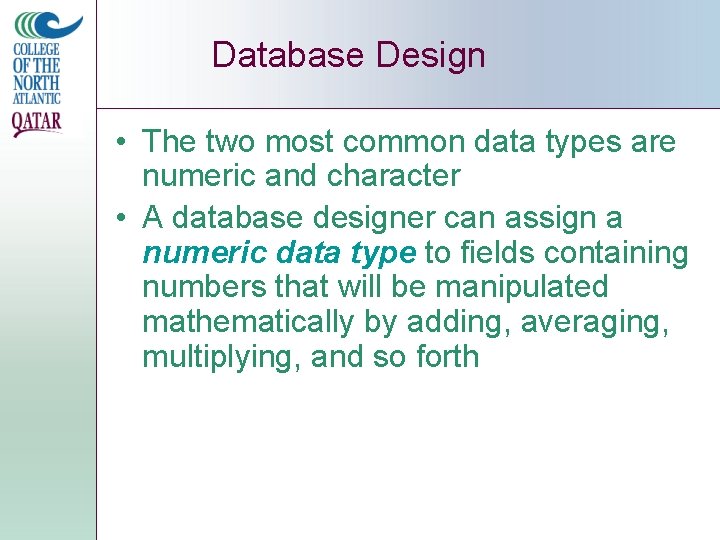 Database Design • The two most common data types are numeric and character •