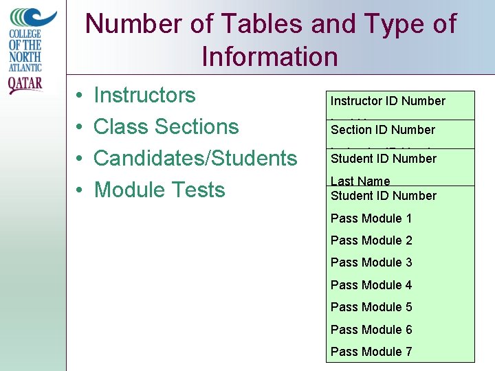 Number of Tables and Type of Information • • Instructors Class Sections Candidates/Students Module
