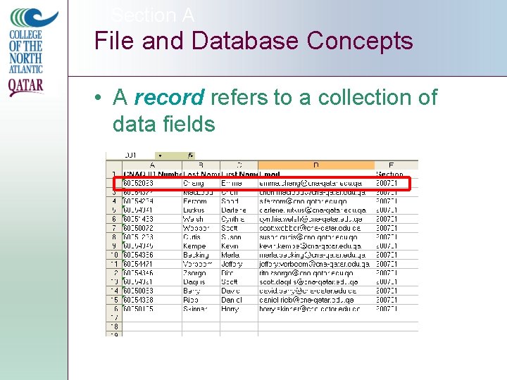 Section A File and Database Concepts • A record refers to a collection of