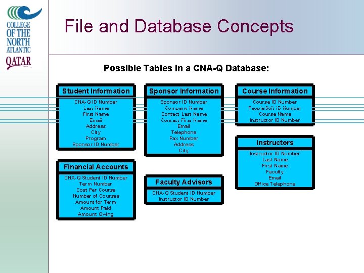 File and Database Concepts Possible Tables in a CNA-Q Database: Student Information Sponsor Information