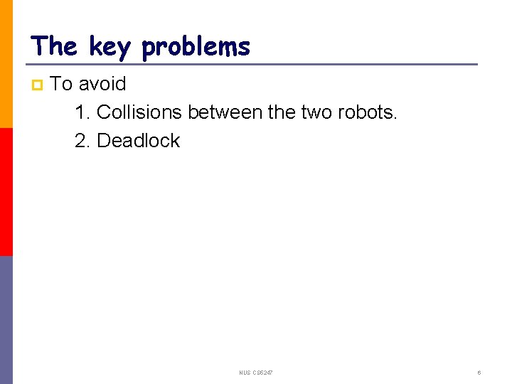 The key problems p To avoid 1. Collisions between the two robots. 2. Deadlock