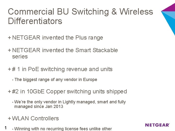 Commercial BU Switching & Wireless Differentiators + NETGEAR invented the Plus range + NETGEAR