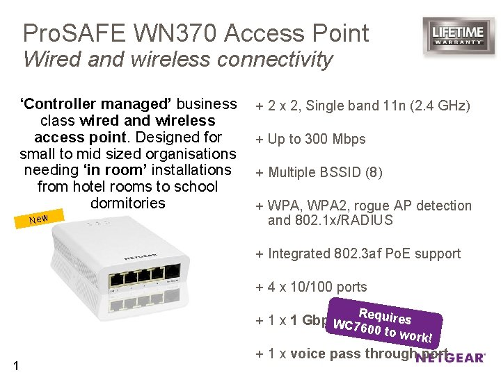 Pro. SAFE WN 370 Access Point Wired and wireless connectivity ‘Controller managed’ business class