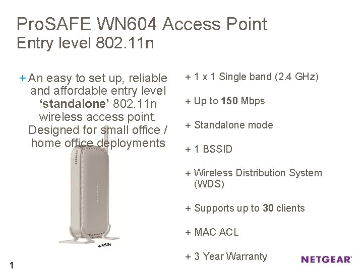 Pro. SAFE WN 604 Access Point Entry level 802. 11 n + An easy
