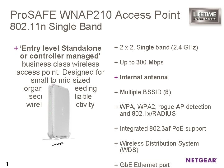 Pro. SAFE WNAP 210 Access Point 802. 11 n Single Band + ‘Entry level