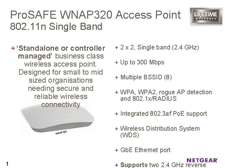 Pro. SAFE WNAP 320 Access Point 802. 11 n Single Band + ‘Standalone or