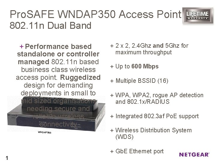 Pro. SAFE WNDAP 350 Access Point 802. 11 n Dual Band + Performance based