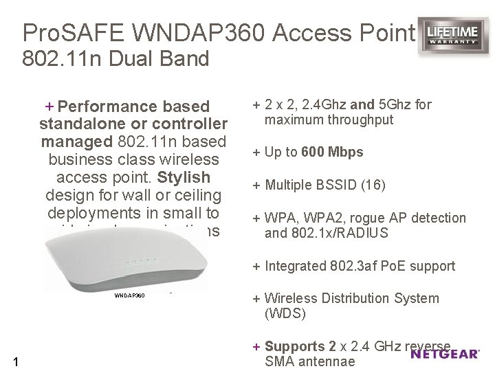 Pro. SAFE WNDAP 360 Access Point 802. 11 n Dual Band + Performance based