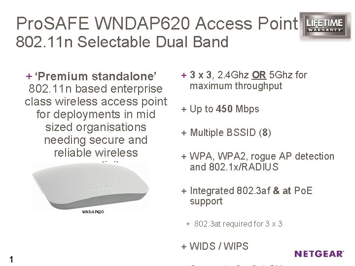 Pro. SAFE WNDAP 620 Access Point 802. 11 n Selectable Dual Band + ‘Premium