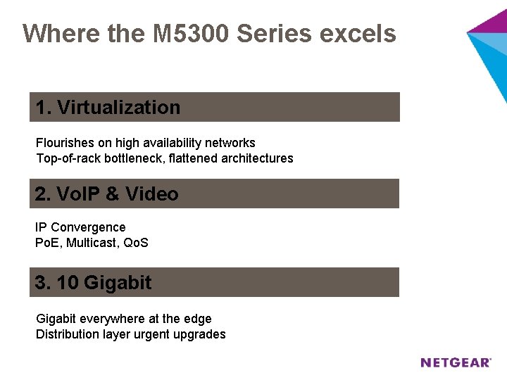 Where the M 5300 Series excels 1. Virtualization Flourishes on high availability networks Top-of-rack
