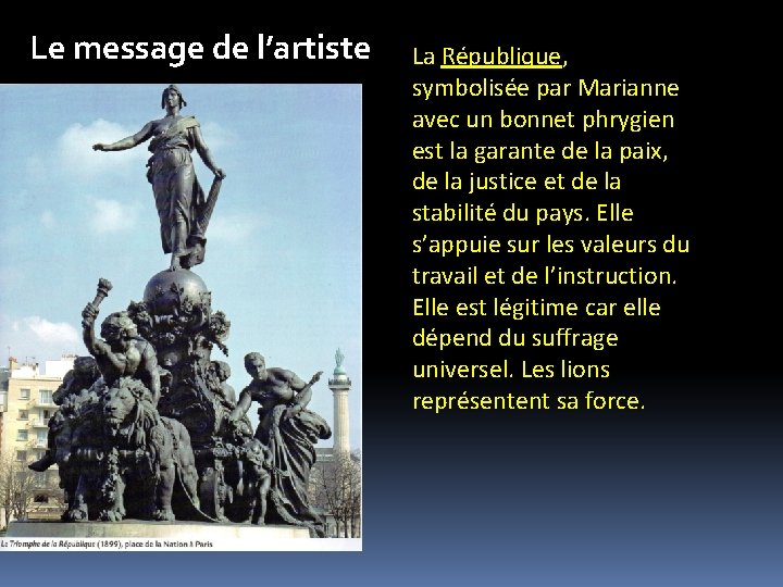 Le message de l’artiste La République, symbolisée par Marianne avec un bonnet phrygien est Le message de l’artiste La République, symbolisée par Marianne avec un bonnet phrygien est