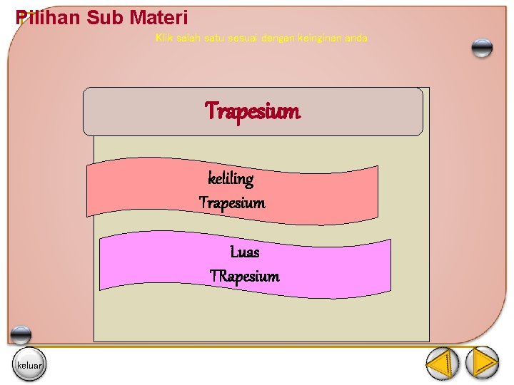 Pilihan Sub Materi Klik salah satu sesuai dengan keinginan anda Trapesium keliling Trapesium Luas