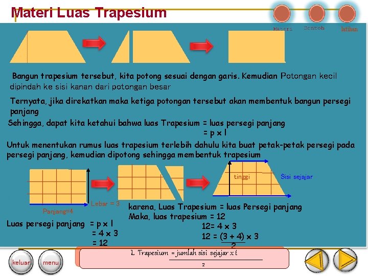 Materi Luas Trapesium latihan Bangun trapesium tersebut, kita potong sesuai dengan garis. Kemudian Potongan