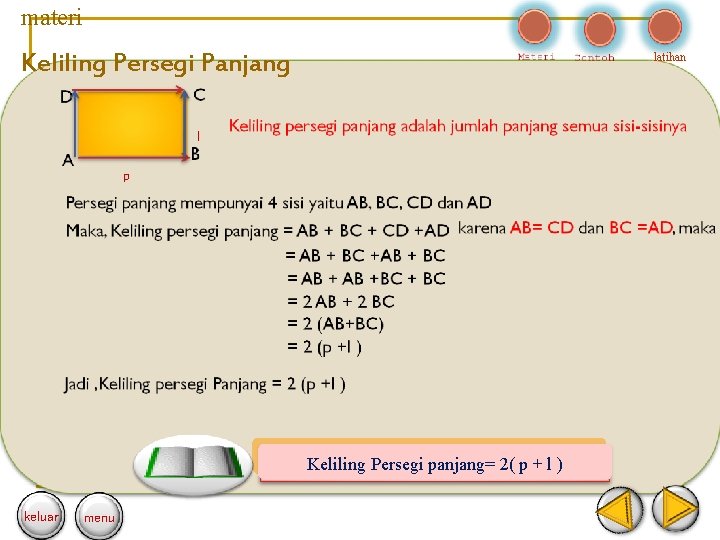 materi Keliling Persegi Panjang latihan l p Keliling Persegi panjang= 2( p + l