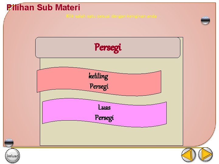 Pilihan Sub Materi Klik salah satu sesuai dengan keinginan anda Persegi keliling Persegi Luas