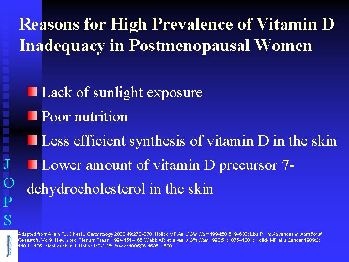 Reasons for High Prevalence of Vitamin D Inadequacy in Postmenopausal Women Lack of sunlight