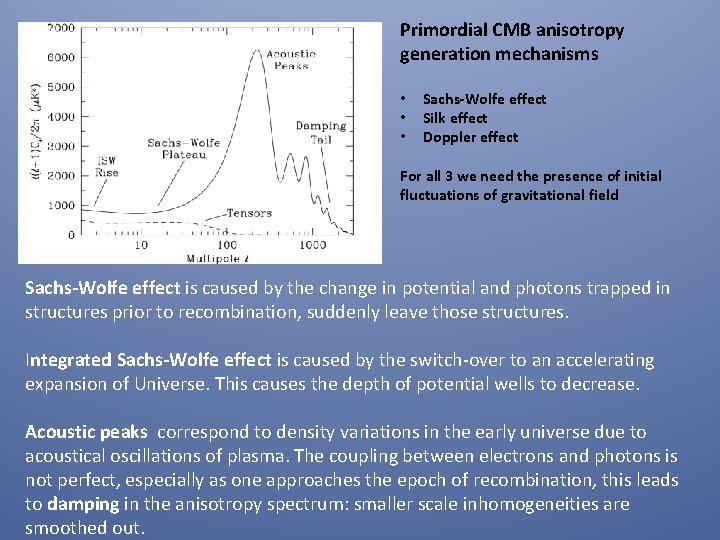 Primordial CMB anisotropy generation mechanisms • • • Sachs-Wolfe effect Silk effect Doppler effect