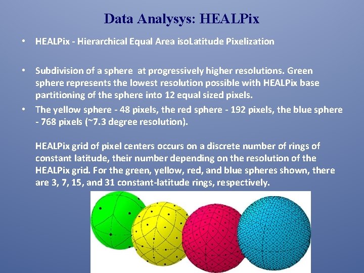 Data Analysys: HEALPix • HEALPix - Hierarchical Equal Area iso. Latitude Pixelization • Subdivision
