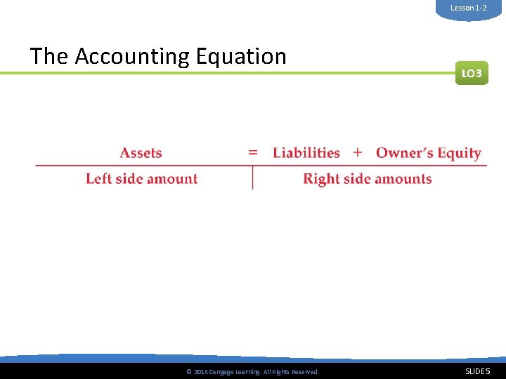 Lesson 1 -2 The Accounting Equation © 2014 Cengage Learning. All Rights Reserved. LO