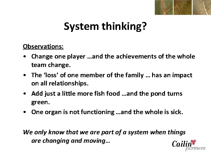 System thinking? Observations: • Change one player …and the achievements of the whole team