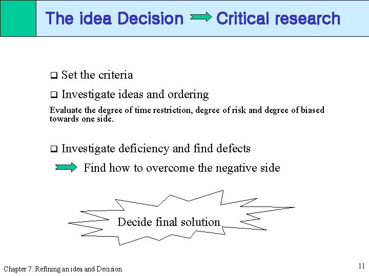 The idea Decision q Set the criteria q Investigate ideas and ordering Critical research