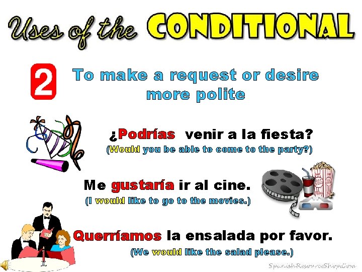 To make a request or desire more polite ¿Podrías venir a la fiesta? (Would