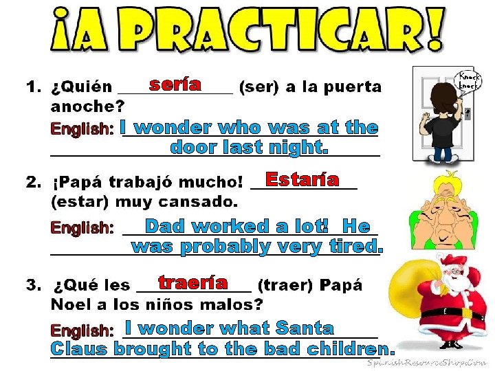 sería I wonder who was at the door last night. Estaría Dad worked a