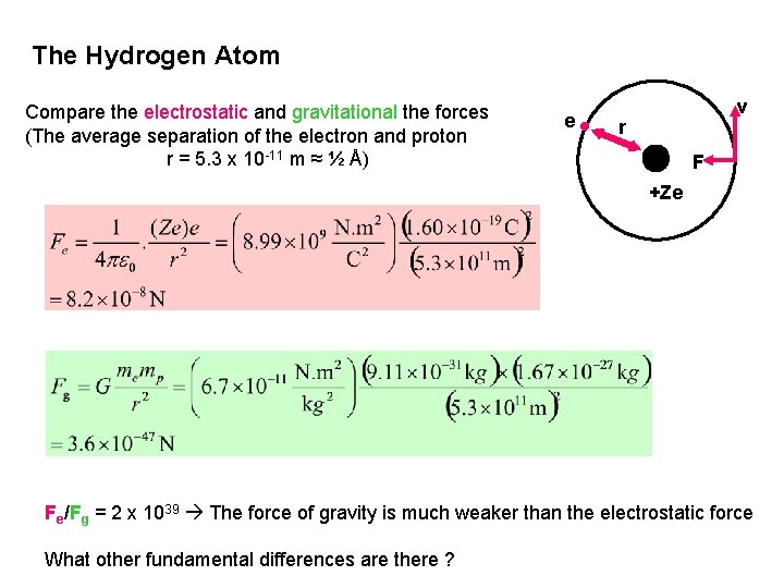 The Hydrogen Atom Compare the electrostatic and gravitational the forces (The average separation of