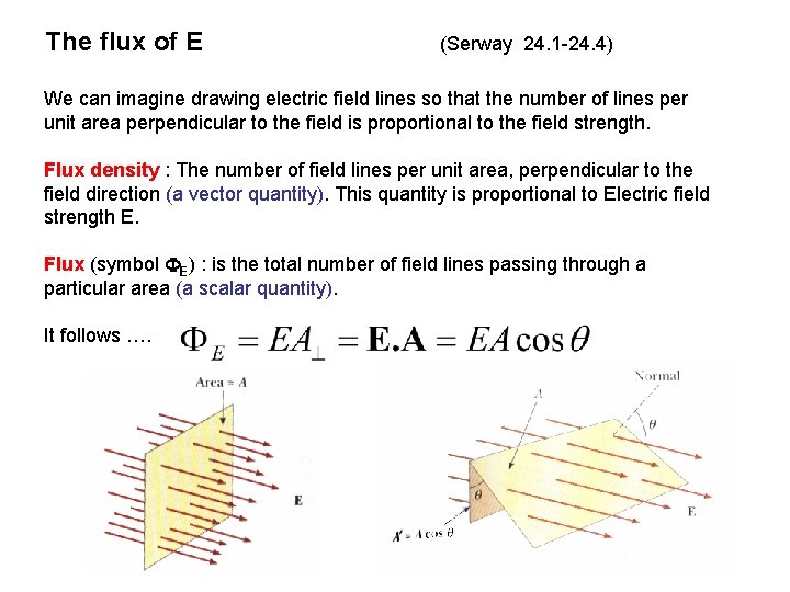 The flux of E (Serway 24. 1 -24. 4) We can imagine drawing electric