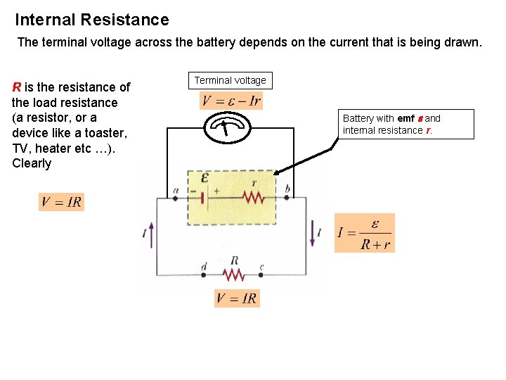 Internal Resistance The terminal voltage across the battery depends on the current that is