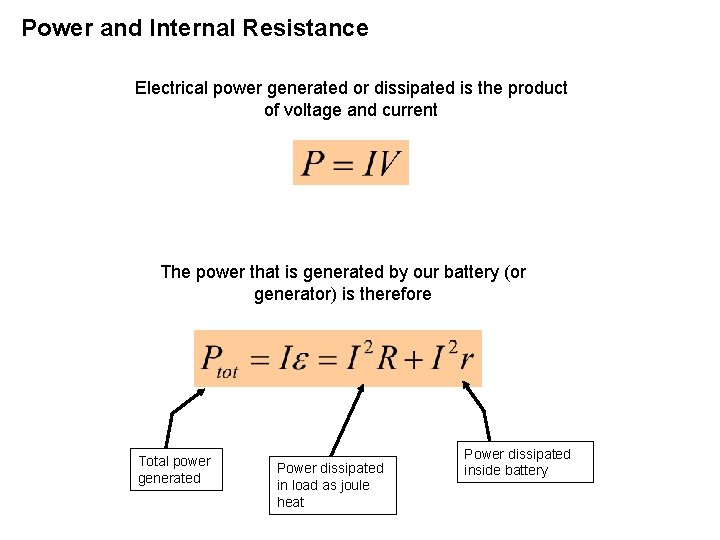 Power and Internal Resistance Electrical power generated or dissipated is the product of voltage