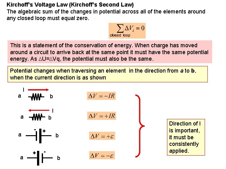 Kirchoff’s Voltage Law (Kirchoff’s Second Law) The algebraic sum of the changes in potential