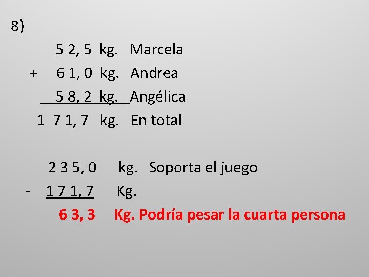 8) 5 2, 5 kg. Marcela + 6 1, 0 kg. Andrea 5 8,