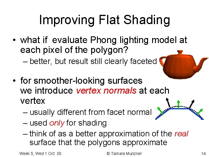 Improving Flat Shading • what if evaluate Phong lighting model at each pixel of