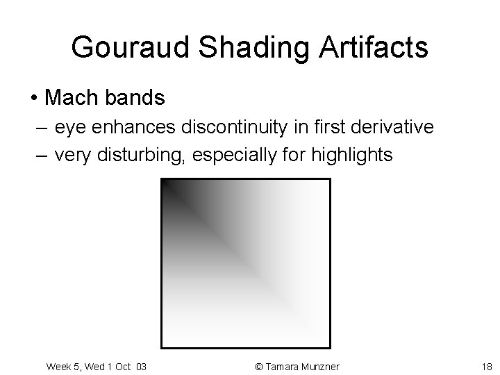 Gouraud Shading Artifacts • Mach bands – eye enhances discontinuity in first derivative –
